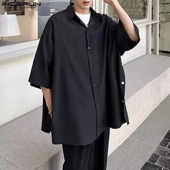 INCERUN Мужские рубашки свободного покроя с воротником-стойкой и коротким рукавом на пуговицах Однотонные топы M чёрный