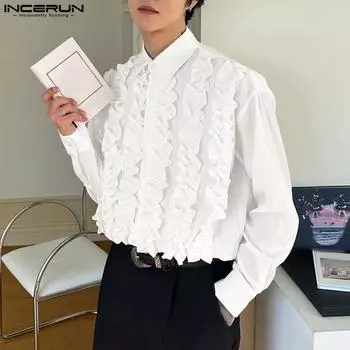 INCERUN Мужские рубашки унисекс с длинными рукавами и рюшами на пуговицах