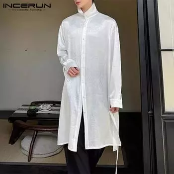INCERUN, мужские рубашки в китайском стиле с воротником-стойкой, туника, кафтан, топы 3XL синий