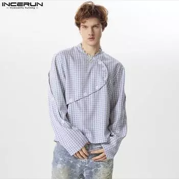 INCERUN Мужские рубашки в клетку с круглым вырезом и нерегулярными пуговицами