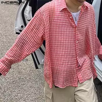 INCERUN Мужские рубашки в клетку Vinateg с длинным рукавом, свободные, тонкие, на пуговицах S красный