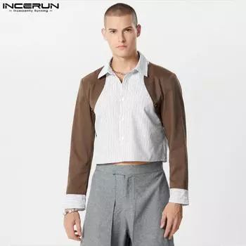 INCERUN Мужские рубашки в полоску с длинным рукавом и воротником, укороченные топы