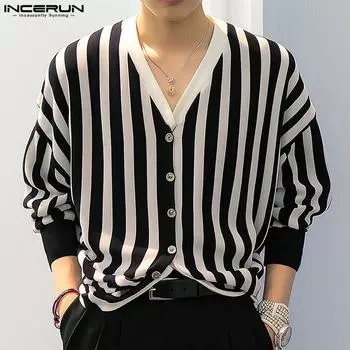 INCERUN Мужские рубашки в полоску с длинными рукавами и глубоким V-образным вырезом на пуговицах
