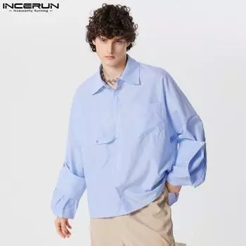 INCERUN Мужские рубашки в полоску с длинными регулируемыми рукавами и воротником с лацканами, повседневные мешковатые топы