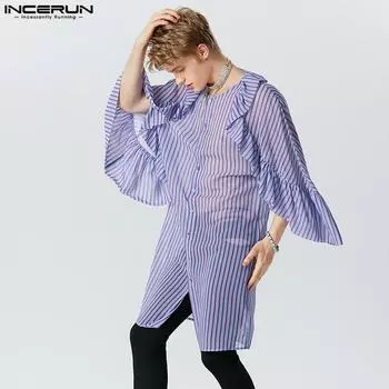 INCERUN Мужские рубашки в полоску с расклешенными рукавами, летние длинные топы, рубашки с рюшами