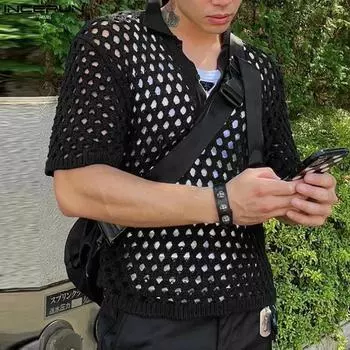 INCERUN Мужские рубашки в сеточку с короткими рукавами и лацканами, летние пляжные топы с вырезами S чёрный