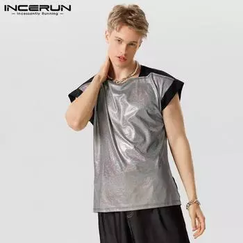 INCERUN Мужские рубашки в стиле пэчворк с квадратным вырезом и блестящими вставками