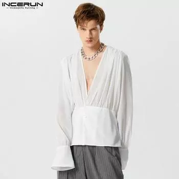 INCERUN Мужские рубашки в стиле пэчворк с длинным рукавом и V-образным вырезом, прозрачная сетка