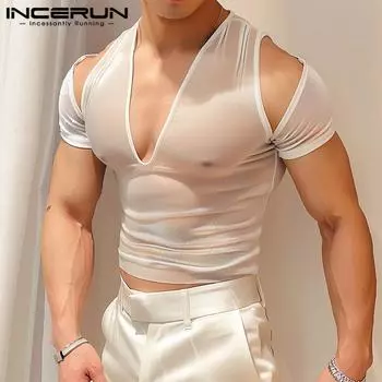 INCERUN Мужские сетчатые эластичные топы с V-образным вырезом и открытыми плечами, сексуальные прозрачные футболки XL