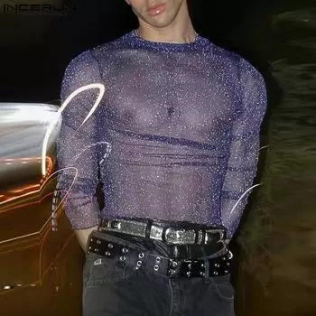 INCERUN Мужские сетчатые блестящие топы с круглым вырезом и длинными рукавами для вечеринок