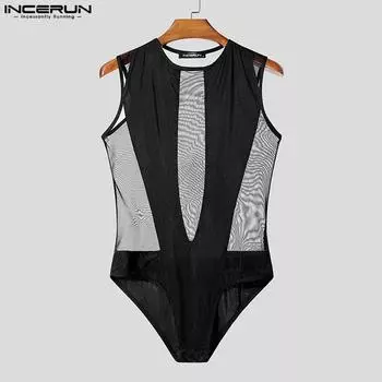 INCERUN Мужские сетчатые боди без рукавов с блестками в стиле пэчворк, прозрачные обтягивающие комбинезоны 2XL