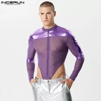INCERUN мужские сетчатые боди с длинными рукавами на молнии, тонкие лоскутные комбинезоны