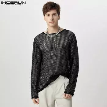 INCERUN Мужские сетчатые футболки с длинным рукавом, прозрачные топы S чёрный