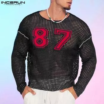 INCERUN Мужские сетчатые футболки с длинным рукавом и принтом букв, прозрачные топы S чёрный