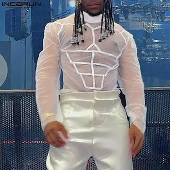 INCERUN Мужские сетчатые футболки с длинным рукавом, прозрачные топы с воротником-стойкой L