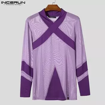 INCERUN Мужские сетчатые футболки с длинным рукавом, прозрачные топы, клубная одежда, одежда для вечеринок S чёрный
