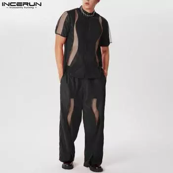 INCERUN Мужские сетчатые лоскутные топы из двух частей, брюки, комплекты с вырезами 2XL чёрный