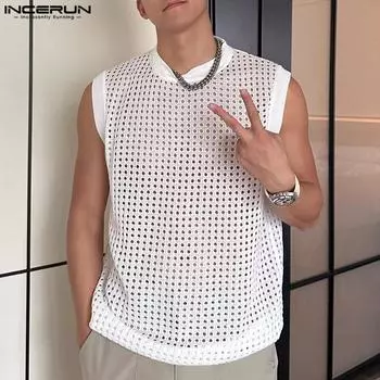 INCERUN Мужские сетчатые майки без рукавов с круглым вырезом, повседневные, прозрачные 2XL чёрный