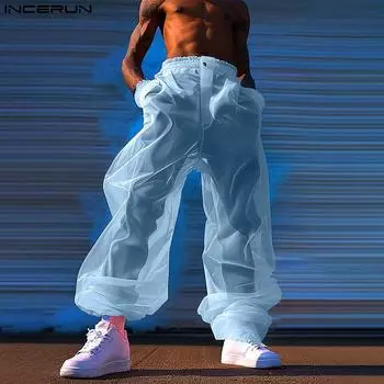 INCERUN Мужские сетчатые прозрачные длинные брюки с эластичной резинкой на талии Прозрачные брюки XL синий