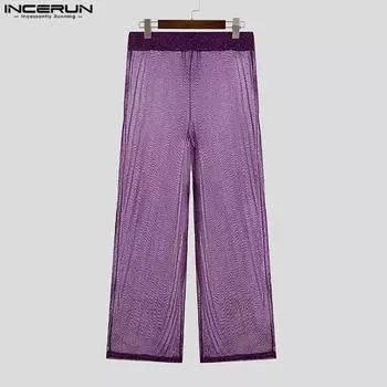 INCERUN Мужские сетчатые прозрачные длинные брюки с эластичной талией, прозрачные брюки S чёрный