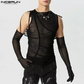 INCERUN Мужские сетчатые прозрачные клубные топы с вырезами, рубашки 3XL чёрный