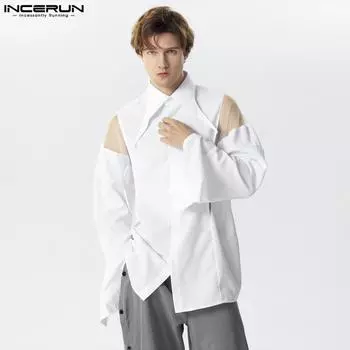 INCERUN Мужские сетчатые прозрачные лоскутные рубашки с длинными рукавами и лацканами