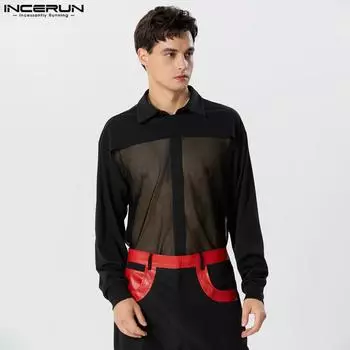 INCERUN Мужские сетчатые прозрачные рубашки на пуговицах с длинными рукавами и клубной одеждой
