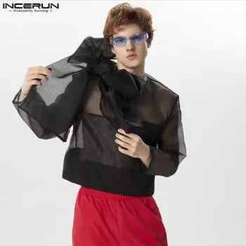 INCERUN Мужские сетчатые прозрачные рубашки с бантом и узлом для вечеринок