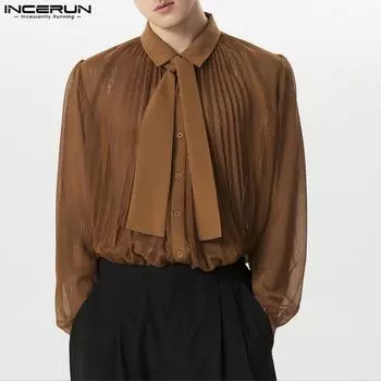 INCERUN Мужские сетчатые прозрачные рубашки с длинными рукавами и бантиком