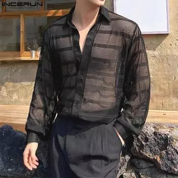 INCERUN Мужские сетчатые прозрачные рубашки в полоску с длинными рукавами и пуговицами