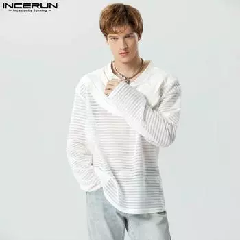 INCERUN Мужские сетчатые прозрачные топы с длинными рукавами и V-образным вырезом