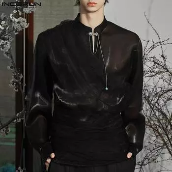 INCERUN Мужские сетчатые прозрачные топы с длинными рукавами и прозрачными кружевными рубашками