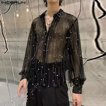 INCERUN Мужские сетчатые рубашки на пуговицах с длинным рукавом Прозрачные блестящие топы для вечеринок 5XL чёрный