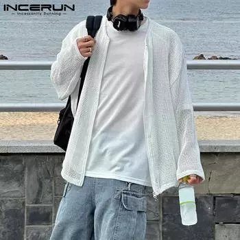 INCERUN Мужские сетчатые рубашки с длинным рукавом и ажурной молнией, пляжные рубашки, топы S чёрный