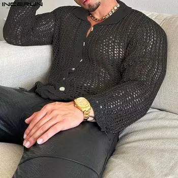 INCERUN Мужские сетчатые рубашки с длинными рукавами и пуговицами S чёрный