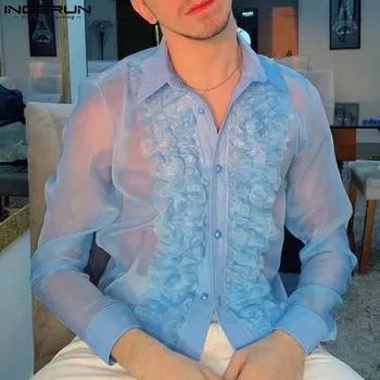 INCERUN Мужские сетчатые рубашки с длинными рукавами и оборками на пуговицах