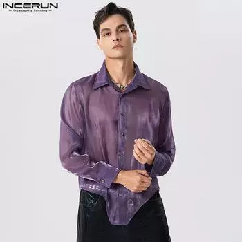 INCERUN мужские сетчатые рубашки с длинными рукавами, прозрачные топы на пуговицах, летняя повседневная прозрачная блузка для вечеринок и клубов
