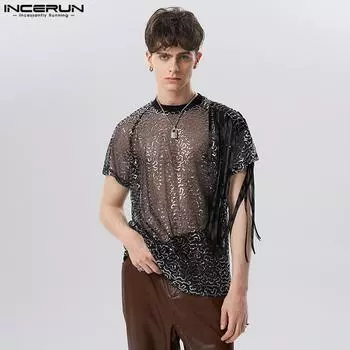INCERUN Мужские сетчатые рубашки с кисточками и модным топом с короткими рукавами