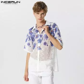 INCERUN Мужские сетчатые рубашки с короткими рукавами и принтом на пуговицах, праздничные топы