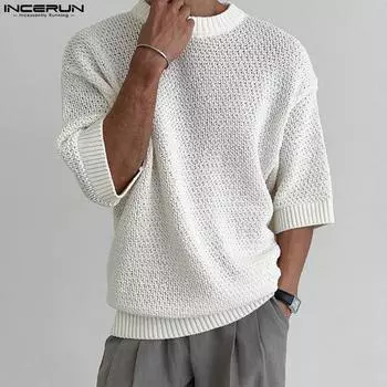 INCERUN Мужские сетчатые рубашки с короткими рукавами и трикотажные топы для отдыха