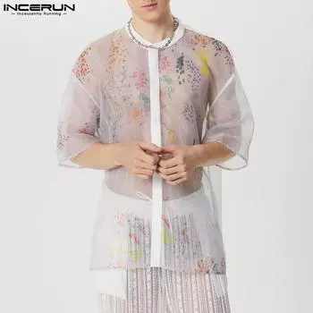 INCERUN мужские сетчатые рубашки с круглым вырезом и короткими рукавами, праздничные топы с цветочным принтом