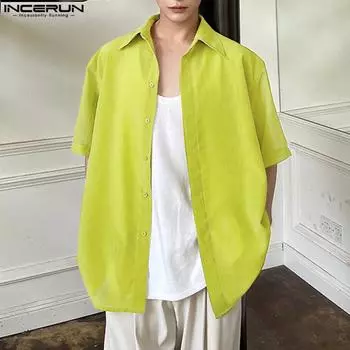 INCERUN Мужские сетчатые рубашки с прозрачными топами с короткими рукавами