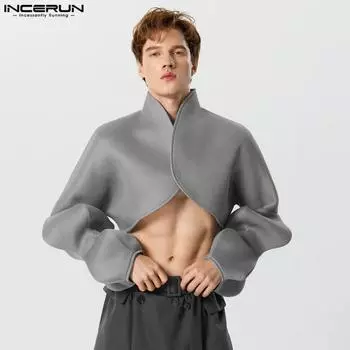 INCERUN Мужские сетчатые рубашки с пышными рукавами, короткие топы 3XL серый