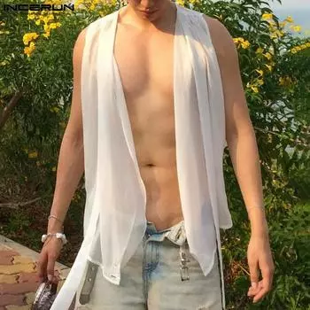 INCERUN Мужские сетчатые топы без рукавов с прозрачной застежкой сбоку, прозрачный жилет S