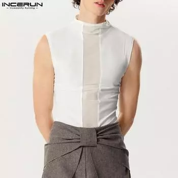 INCERUN мужские сетчатые топы без рукавов в стиле пэчворк, летние жилеты 2XL чёрный