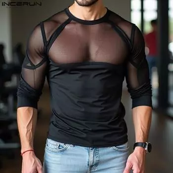 INCERUN Мужские сетчатые топы с длинным рукавом и тонкой строчкой, футболки для вечеринок и клубов S чёрный