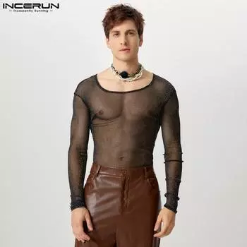 INCERUN Мужские сетчатые топы с длинным рукавом, прозрачные, для клубных вечеринок, обтягивающие футболки S