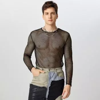 INCERUN Мужские сетчатые топы с длинным рукавом, обтягивающие, прозрачные футболки S