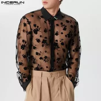 INCERUN Мужские сетчатые топы с длинными рукавами и цветочным принтом, прозрачные рубашки
