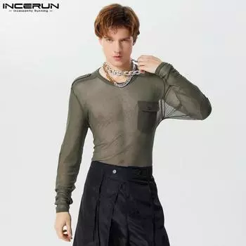 INCERUN Мужские сетчатые топы с круглым вырезом и длинными рукавами